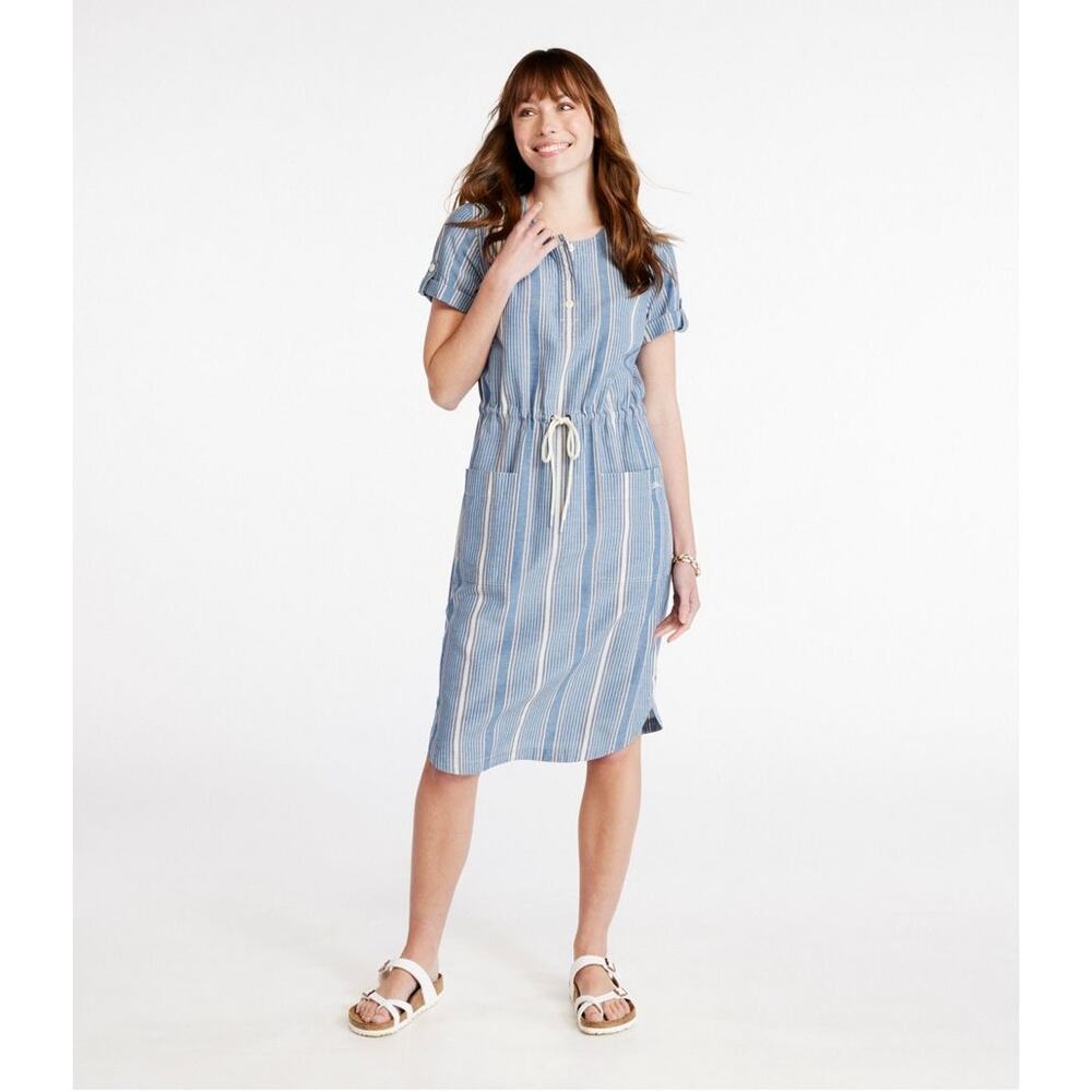 LL Bean Linen Blend Stripe Dress Large Blue Red White Blue Preppy Nautical